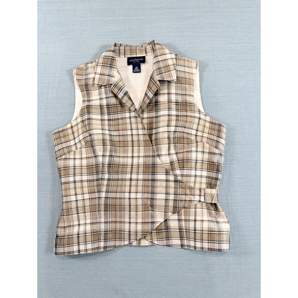 Ann Taylor Petites Tan Brown Plaid 100% Silk Sleeveless Wrap Tie Waist Top 6P‎